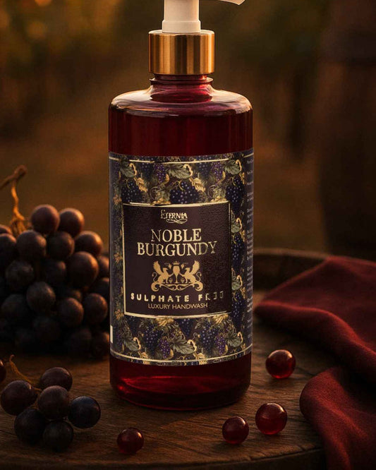 Burgundy handwash bottle with gold pump and Noble Burgundy label