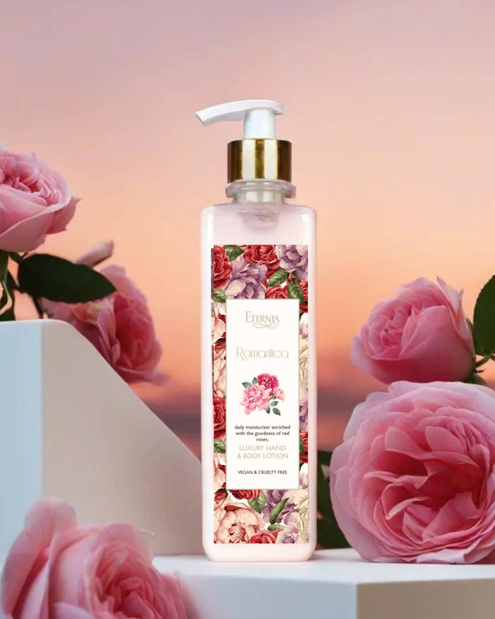 Hand and body lotion bottle with floral rose label and pump dispenser