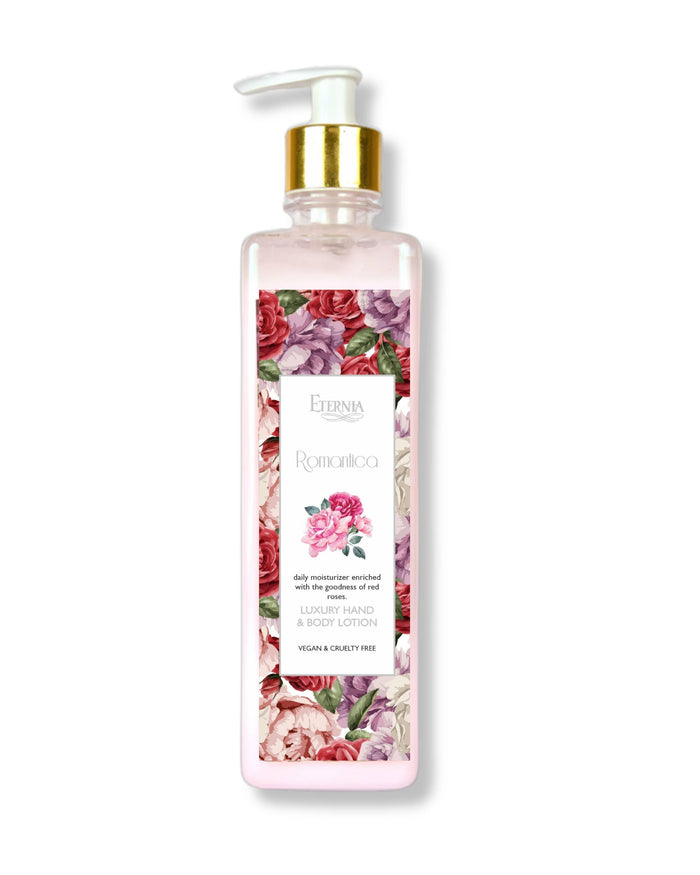 Hand and body lotion bottle with floral rose label and gold pump
