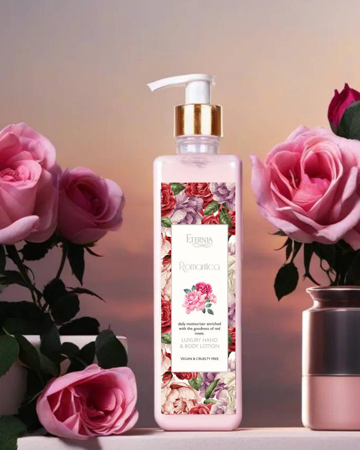 Hand and body lotion bottle with floral rose label and pump dispenser
