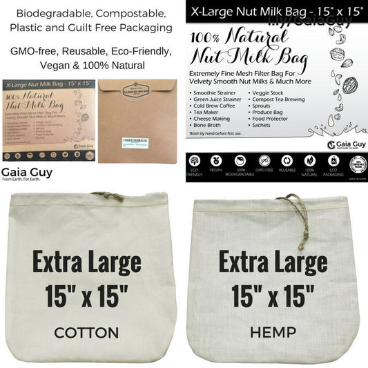 Extra Large Nut Milk Bags - 2 Pack - Hemp and Organic Cotton - Gaia Guy