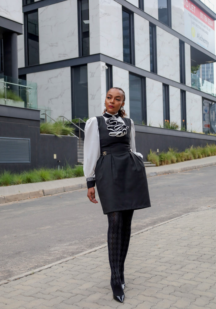 women’s black work dress, pinafore office dress South Africa, stylish business dresses, FabroSanz clothing, sleeveless structured dress, modern corporate fashion, professional black dress, layering workwear