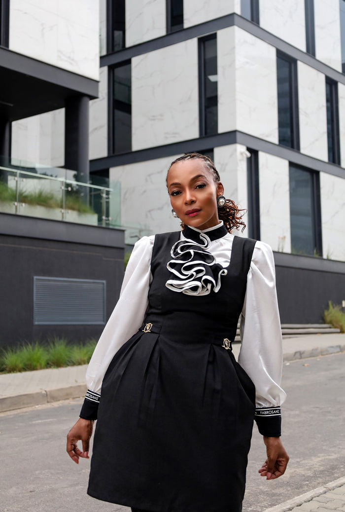 women’s black work dress, pinafore office dress South Africa, stylish business dresses, FabroSanz clothing, sleeveless structured dress, modern corporate fashion, professional black dress, layering workwear