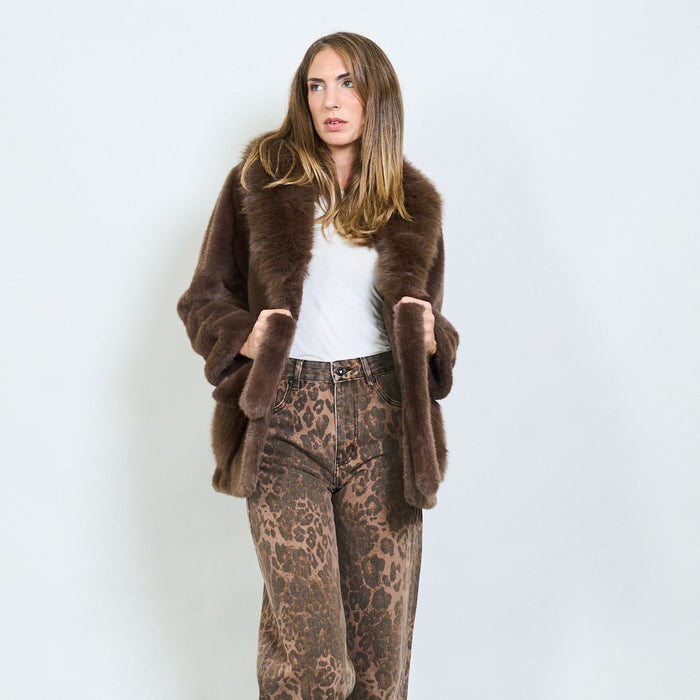Faux fur coat with wide lapel collar and side pockets wholesale