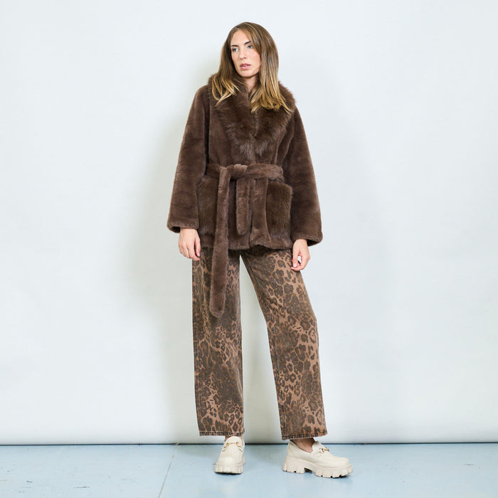 Faux fur coat with wide lapel collar and side pockets wholesale
