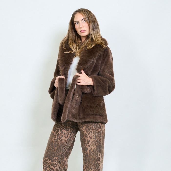 Faux fur coat with wide lapel collar and side pockets wholesale