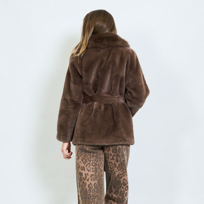 Faux fur coat with wide lapel collar and side pockets wholesale