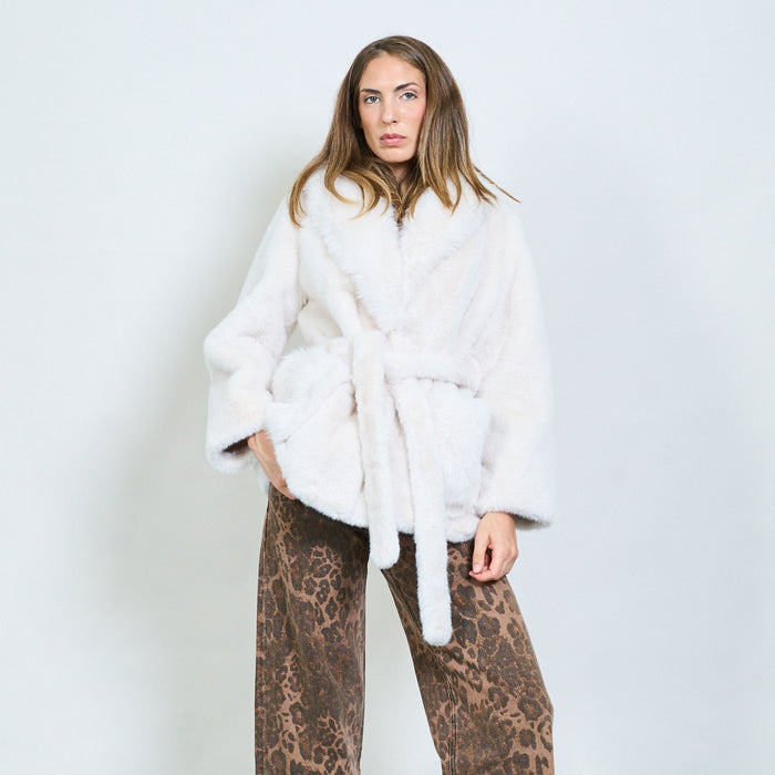 Faux fur coat with wide lapel collar and side pockets wholesale