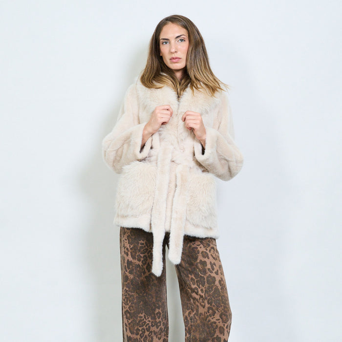 Faux fur coat with wide lapel collar and side pockets wholesale