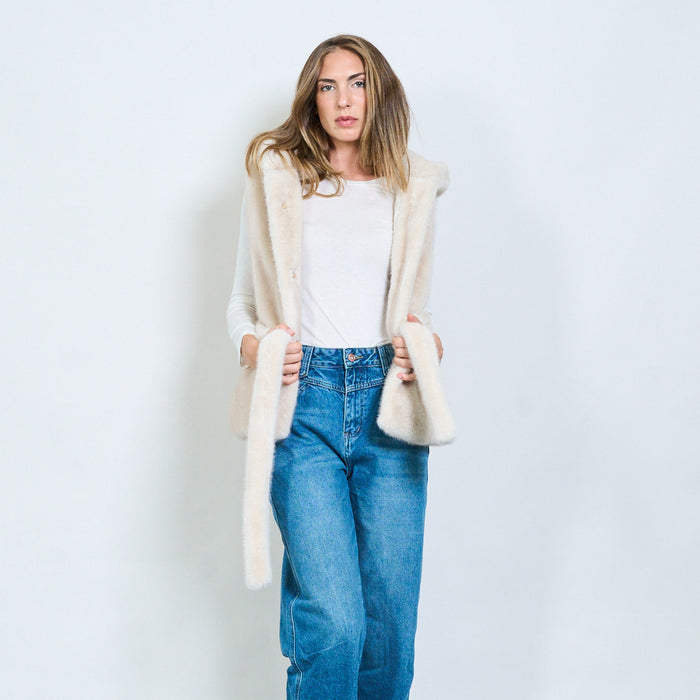 Faux fur sleeveless coat with hood and belt wholesale