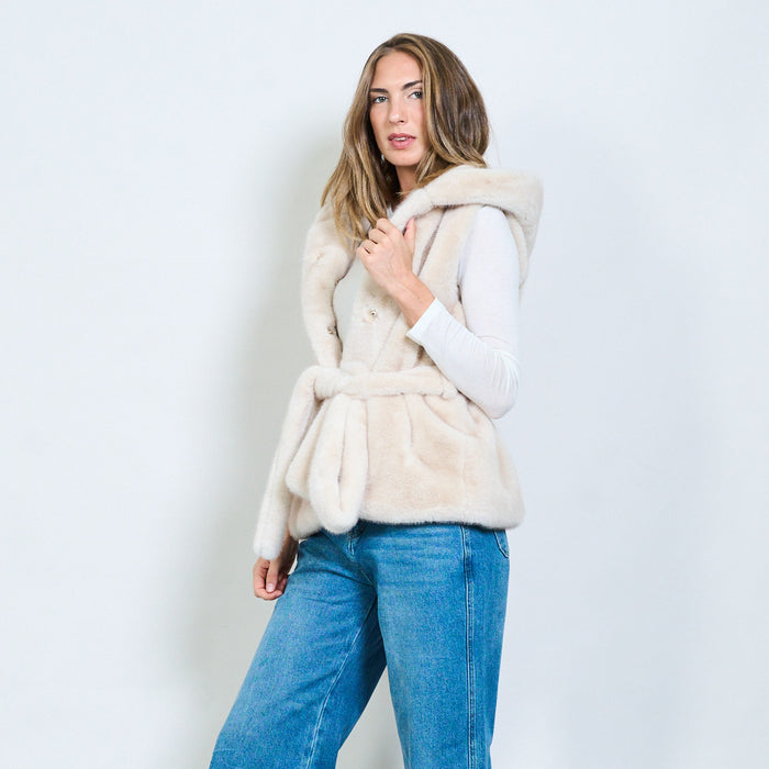 Faux fur sleeveless coat with hood and belt wholesale