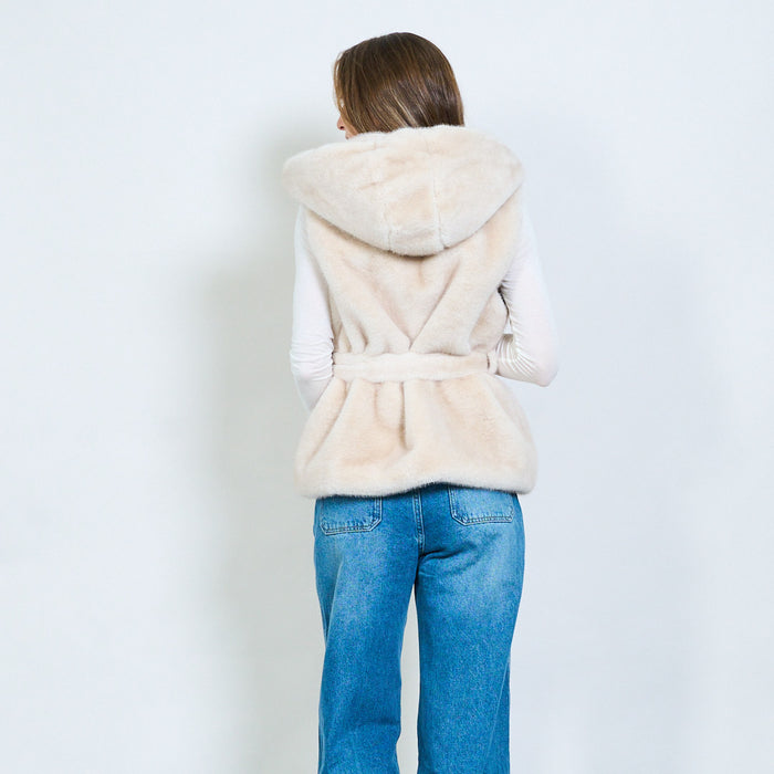 Faux fur sleeveless coat with hood and belt wholesale