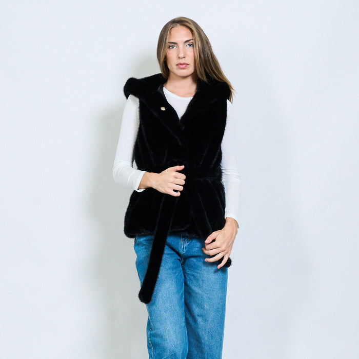 Faux fur sleeveless coat with hood and belt wholesale
