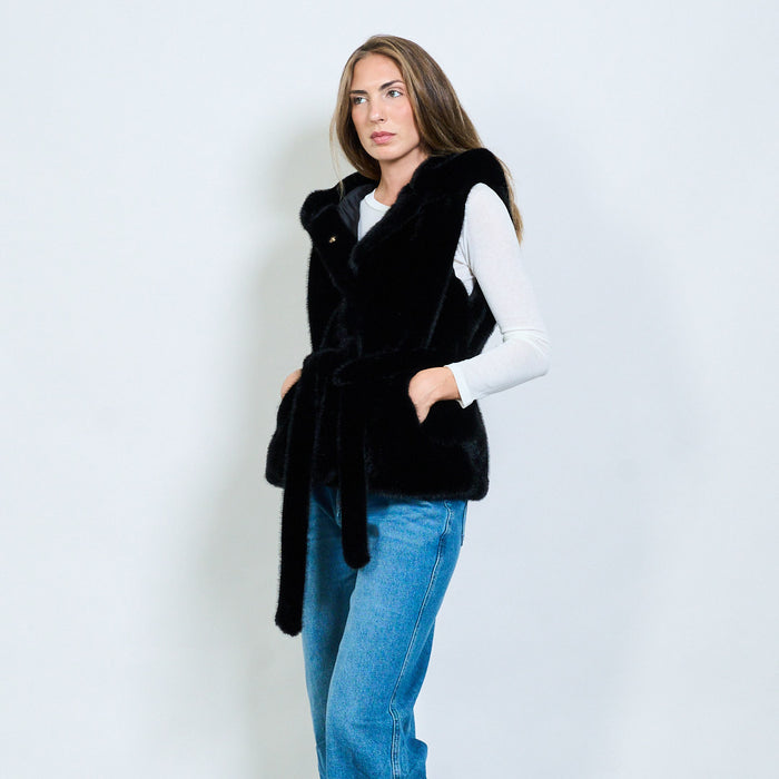 Faux fur sleeveless coat with hood and belt wholesale