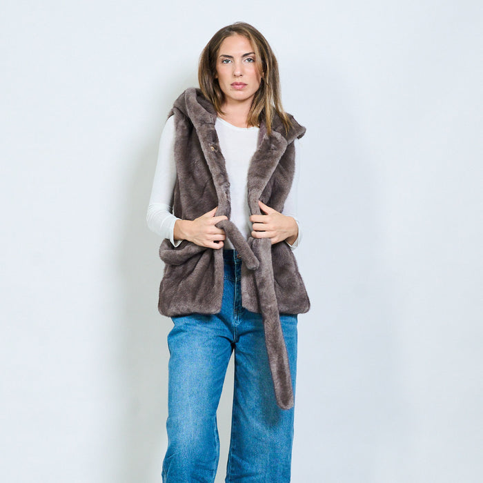 Faux fur sleeveless coat with hood and belt wholesale