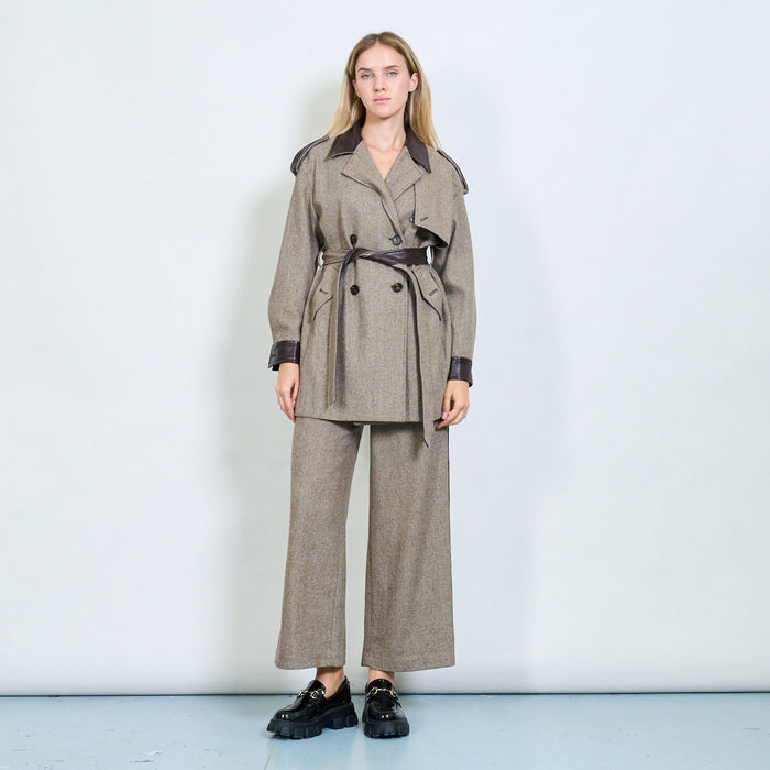 Faux leather trim belted trench coat wholesale