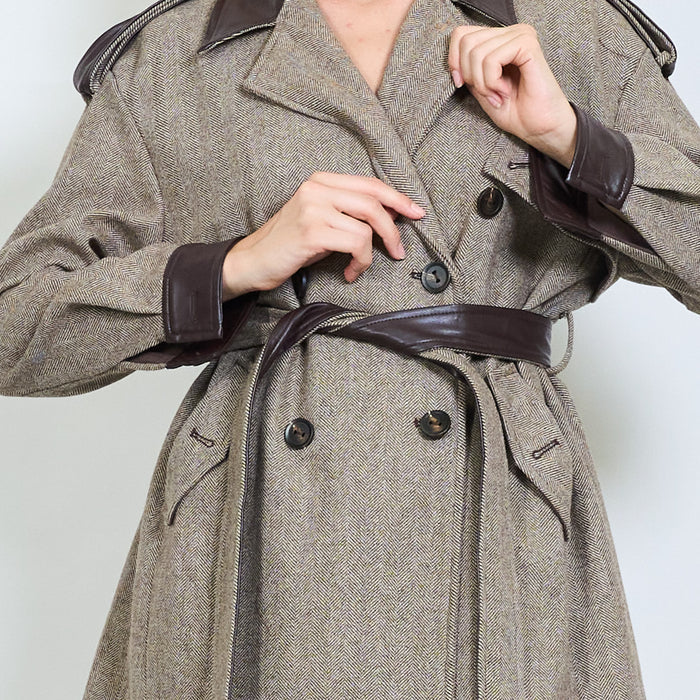 Faux leather trim belted trench coat wholesale