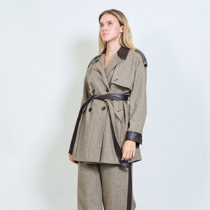 Faux leather trim belted trench coat wholesale
