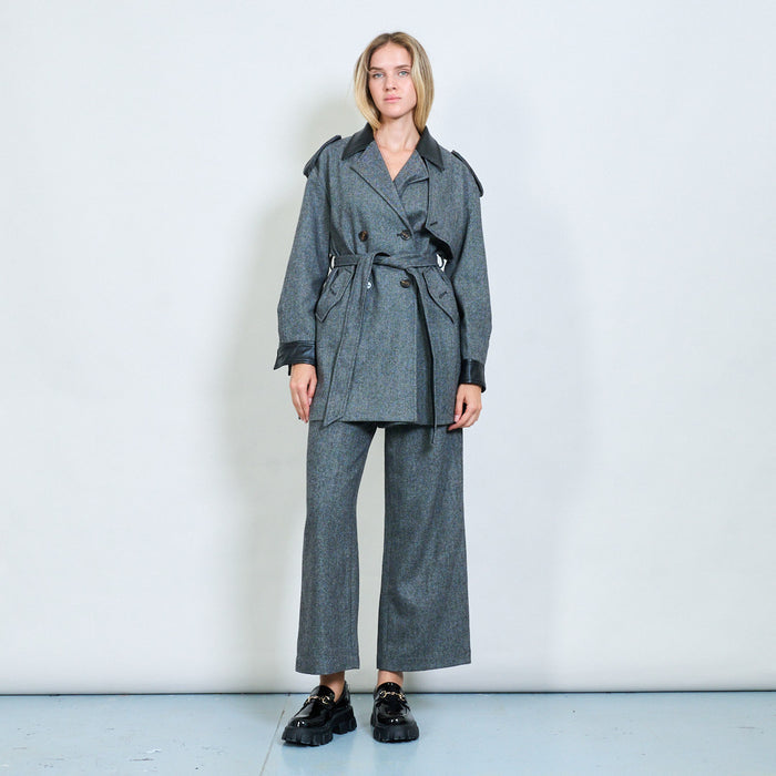 Faux leather trim belted trench coat wholesale