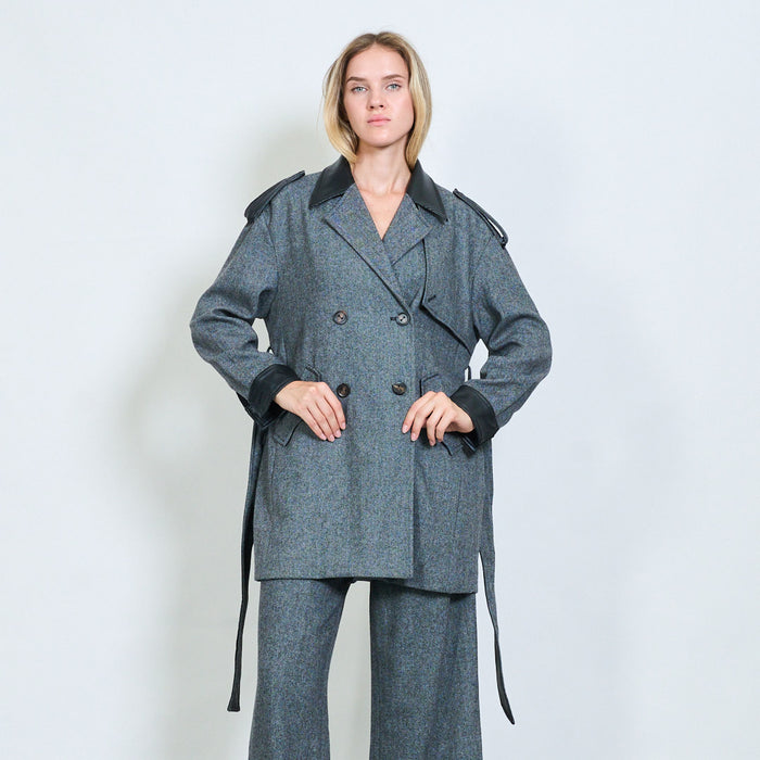 Faux leather trim belted trench coat wholesale