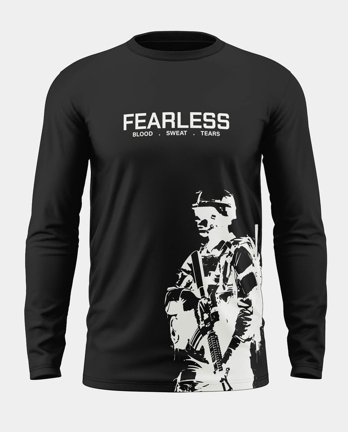 Black men's full sleeve t-shirt with 'FEARLESS BLOOD SWEAT TEARS' text and soldier graphic