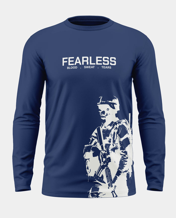 Navy blue full sleeve t-shirt with 'FEARLESS' text and soldier graphic print, men's military fashion
