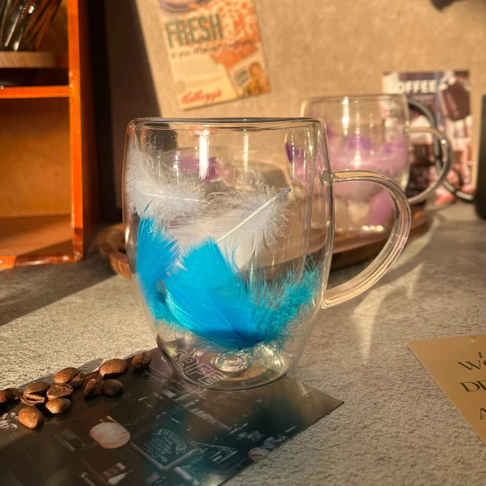 Feather filled double-layer glass cup