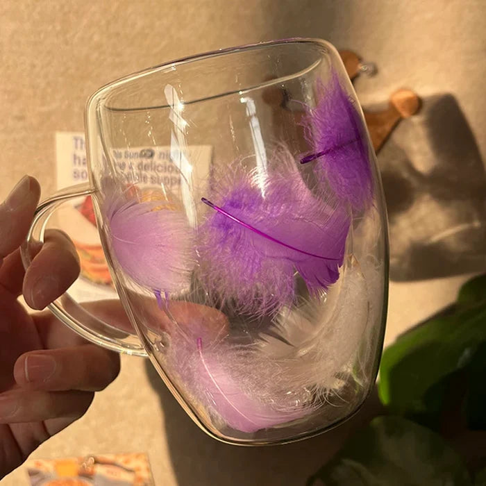 Feather filled double-layer glass cup