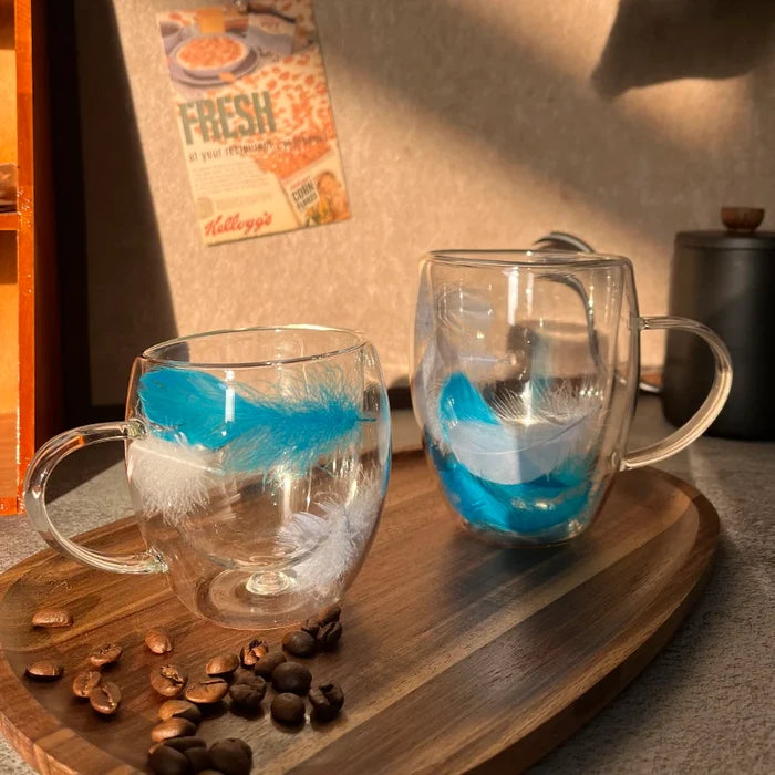 Feather filled double-layer glass cup