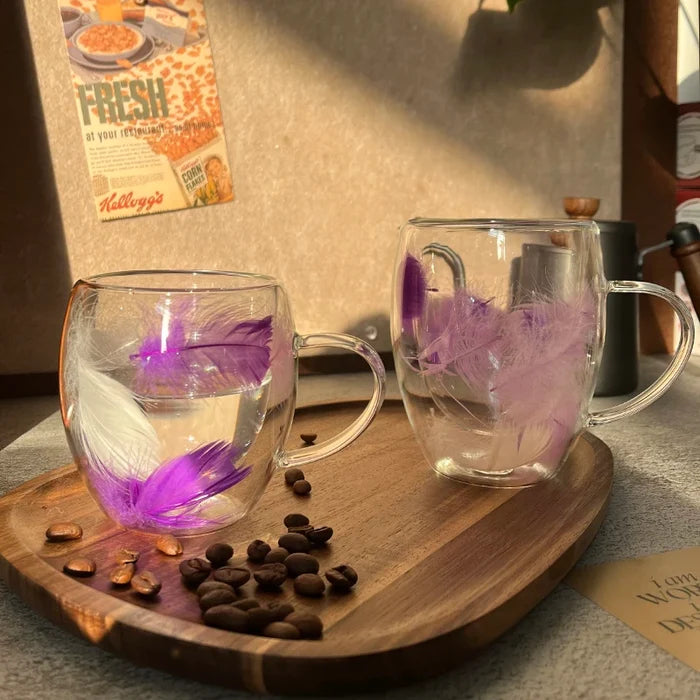 Feather filled double-layer glass cup