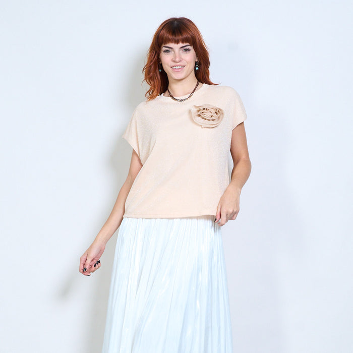 Floral applique detail soft shimmer short sleeve blouse wholesale