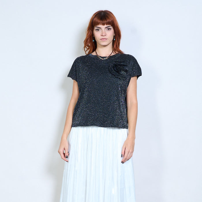 Floral applique detail soft shimmer short sleeve blouse wholesale