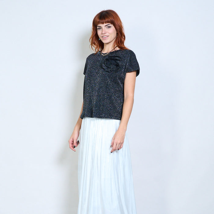 Floral applique detail soft shimmer short sleeve blouse wholesale