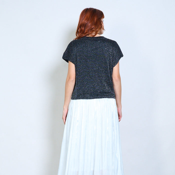 Floral applique detail soft shimmer short sleeve blouse wholesale