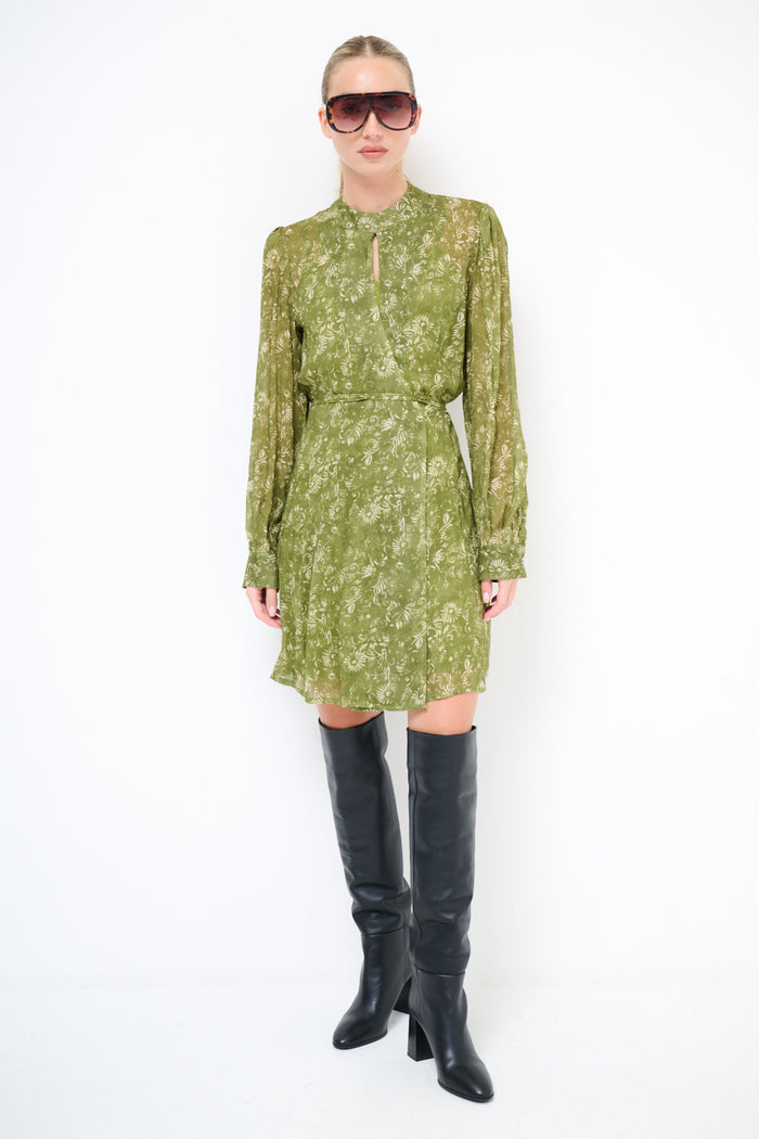 Floral chiffon keyhole neck long sleeve belted mini dress wholesale