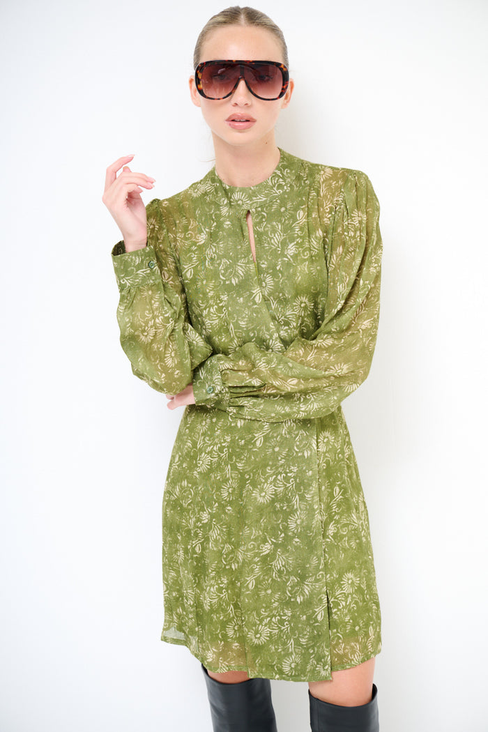 Floral chiffon keyhole neck long sleeve belted mini dress wholesale