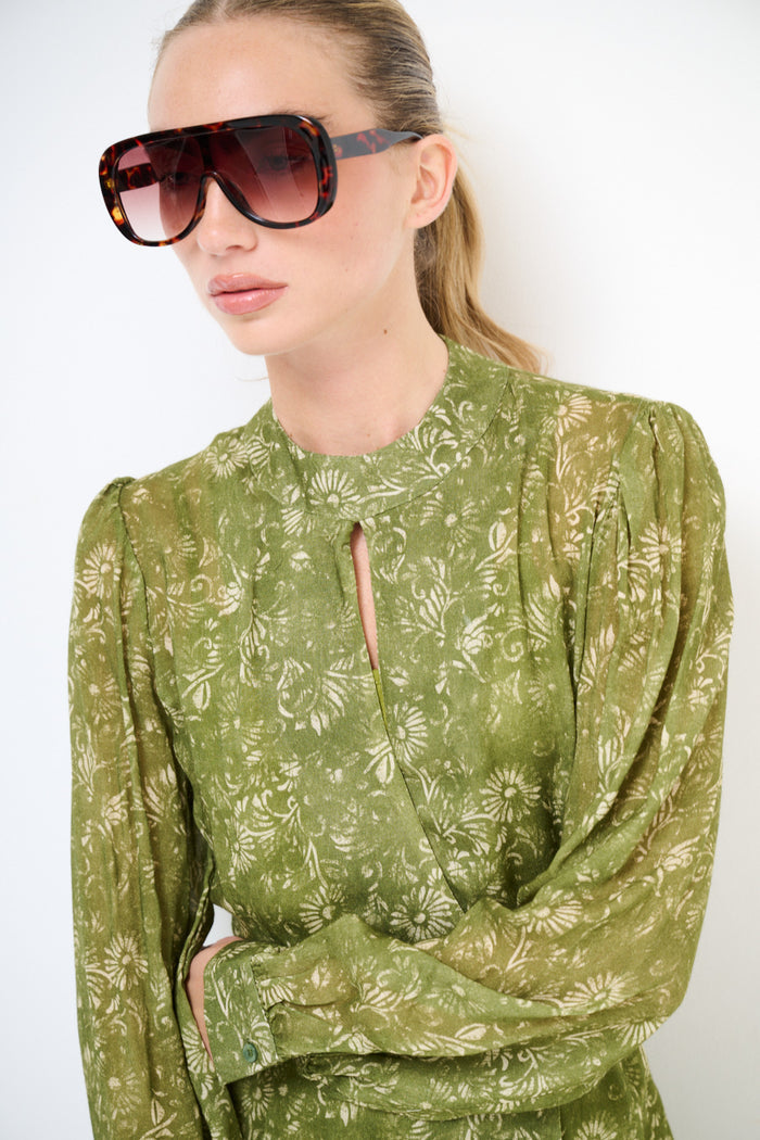 Floral chiffon keyhole neck long sleeve belted mini dress wholesale