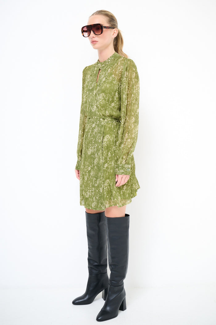 Floral chiffon keyhole neck long sleeve belted mini dress wholesale