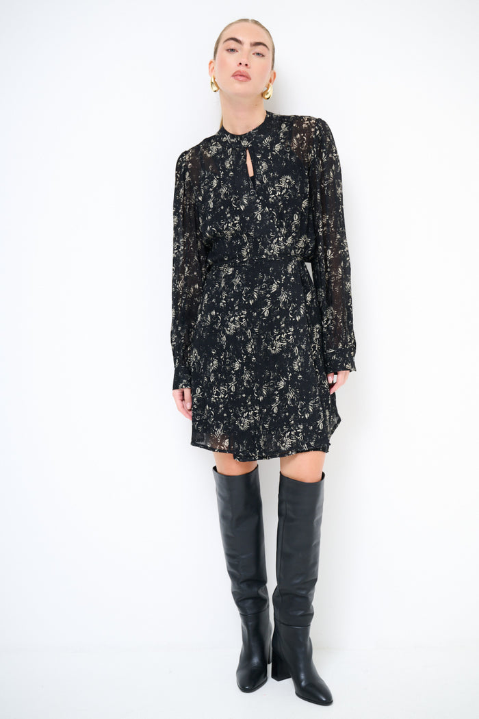 Floral chiffon keyhole neck long sleeve belted mini dress wholesale