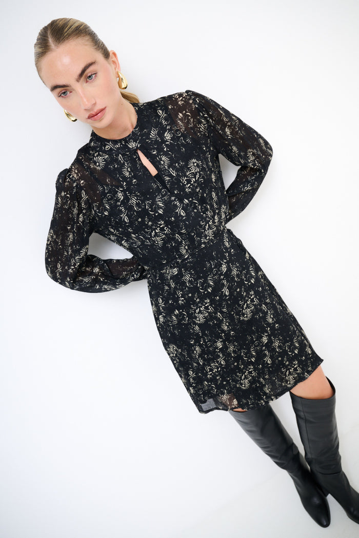 Floral chiffon keyhole neck long sleeve belted mini dress wholesale