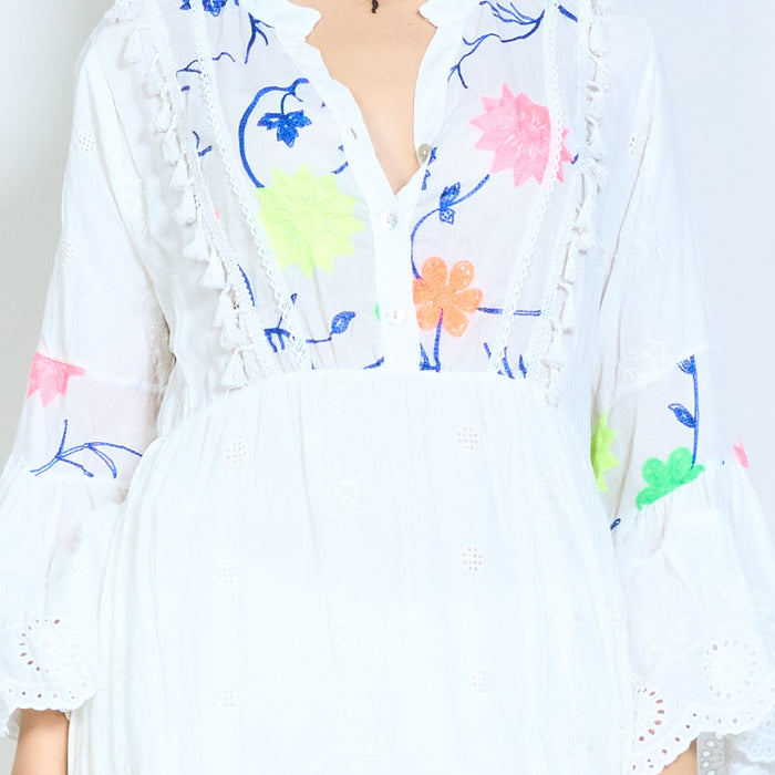 Floral embroidered lace trim v-neck layered midi dress wholesale