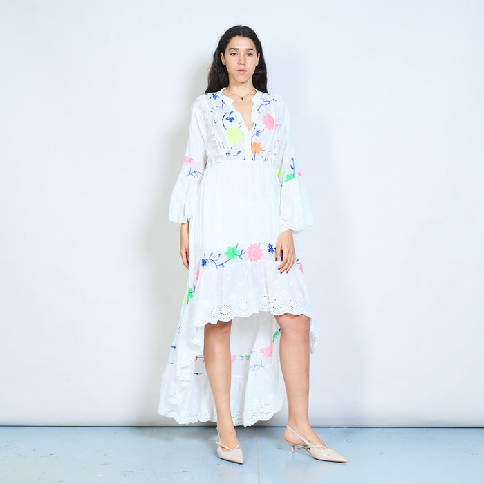 Floral embroidered lace trim v-neck layered midi dress wholesale