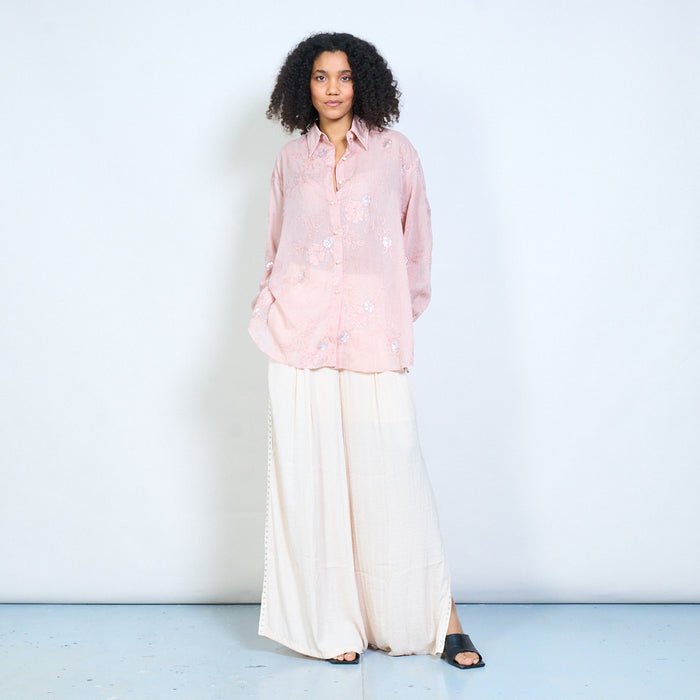 Floral embroidered sequin embellished button front long sleeve blouse wholesale