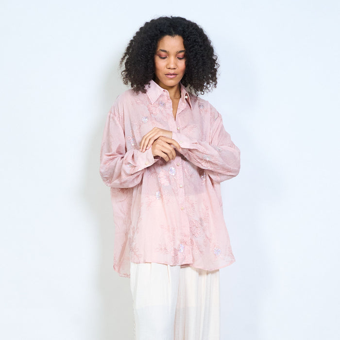 Floral embroidered sequin embellished button front long sleeve blouse wholesale
