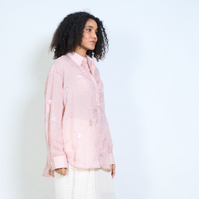 Floral embroidered sequin embellished button front long sleeve blouse wholesale