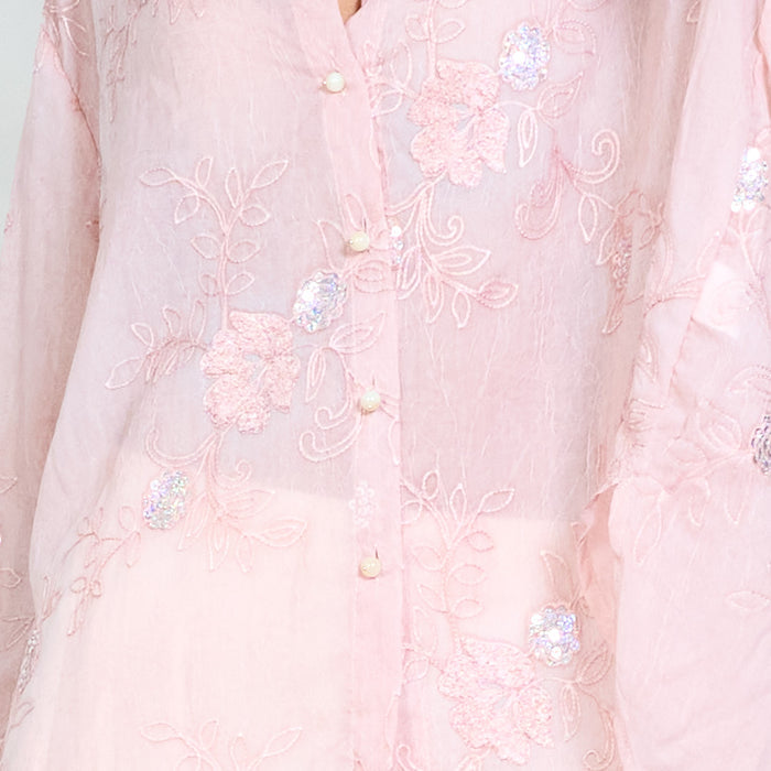 Floral embroidered sequin embellished button front long sleeve blouse wholesale