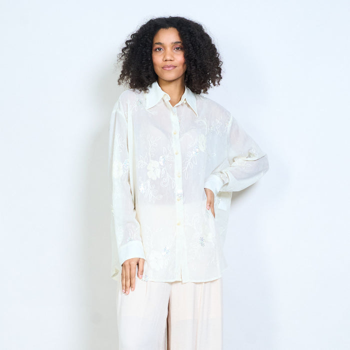 Floral embroidered sequin embellished button front long sleeve blouse wholesale