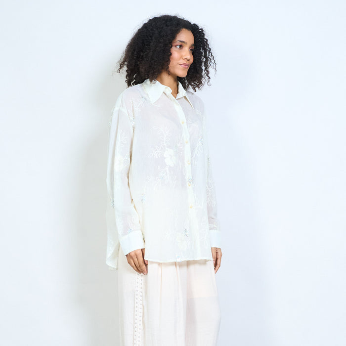 Floral embroidered sequin embellished button front long sleeve blouse wholesale
