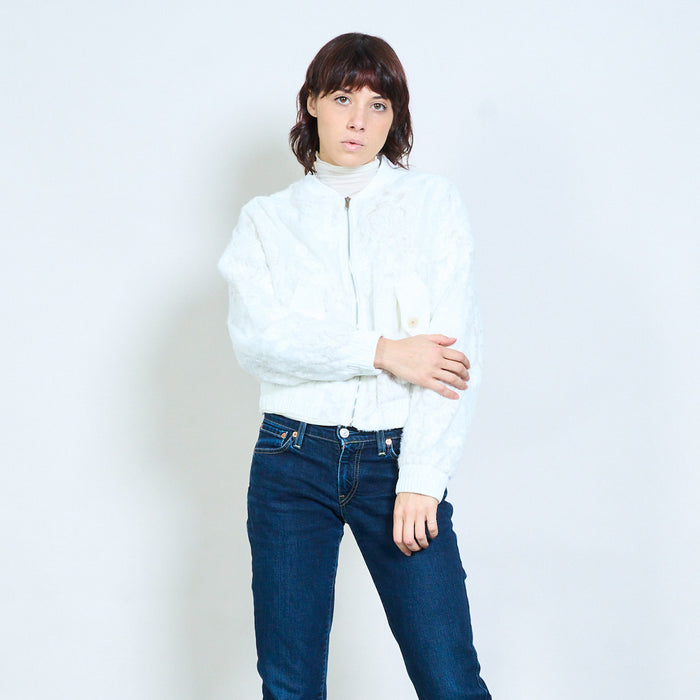 Floral embroidered textured bomber jacket wholesale