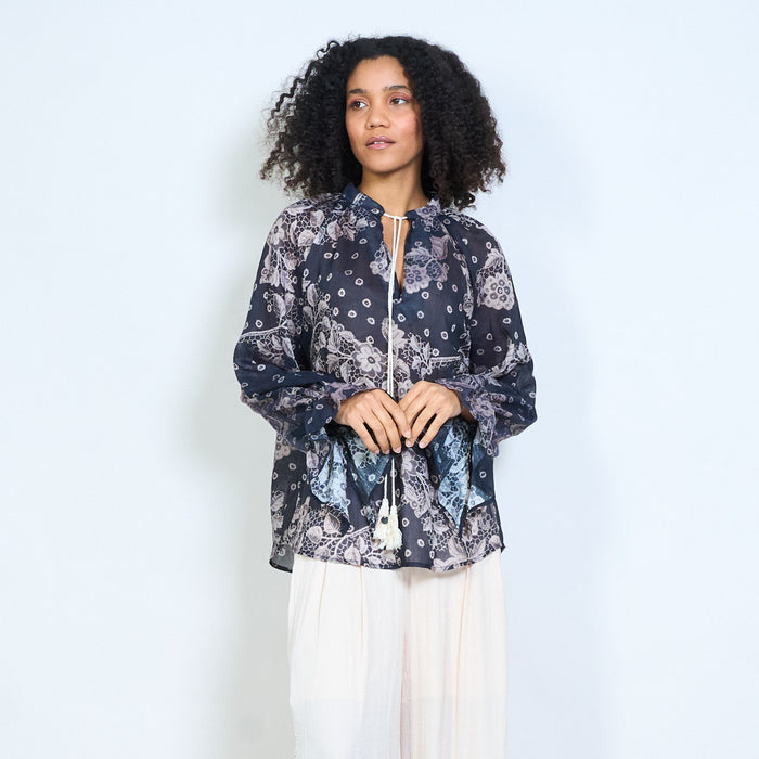 Floral graphic tassel tie neck long sleeve blouse wholesale